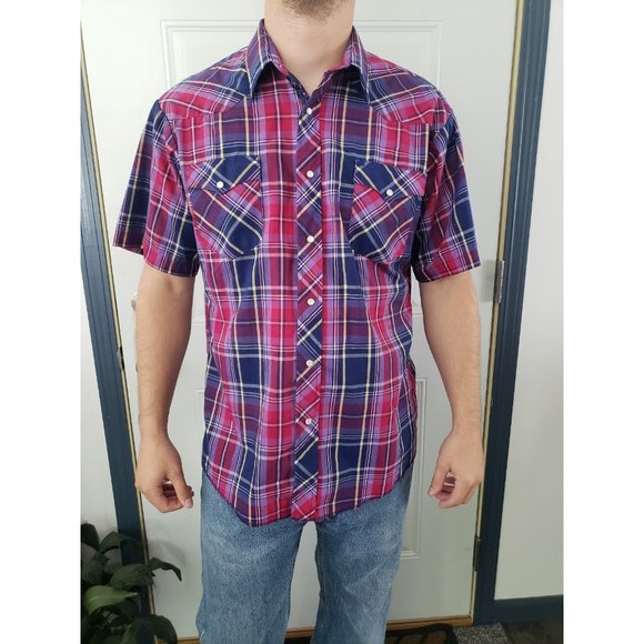 90s Wrangler Pink and Blue Western Button‎ Down Shirt - Picture 1 of 4